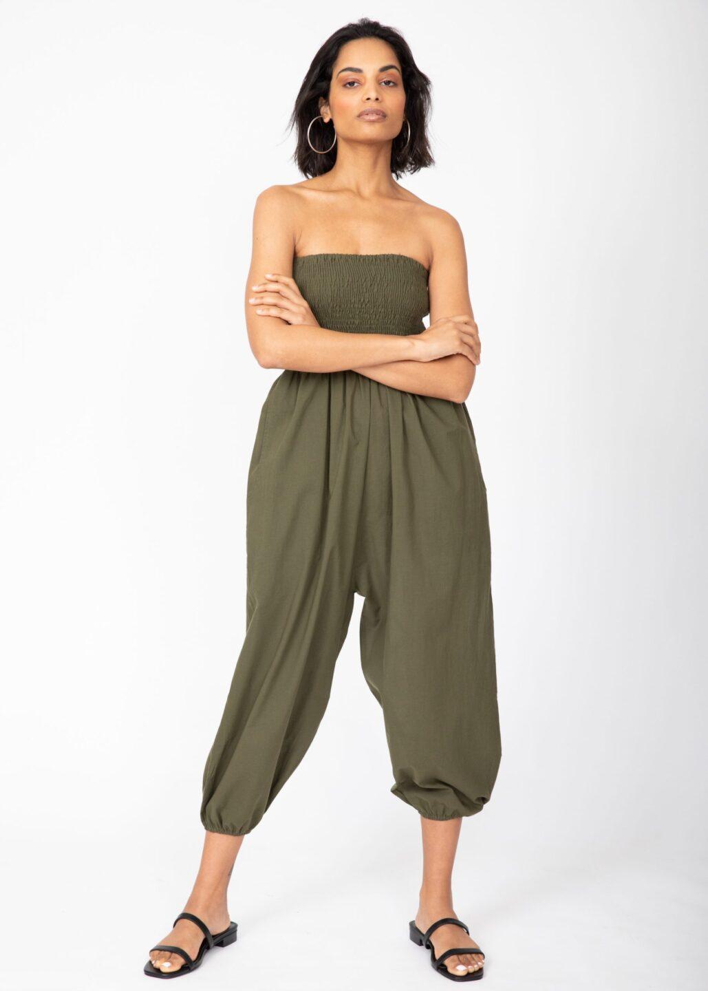 Convertible Cotton 2 - in - 1 Jumpsuit & Harem Pants – Capri Length Khaki Green - likemary
