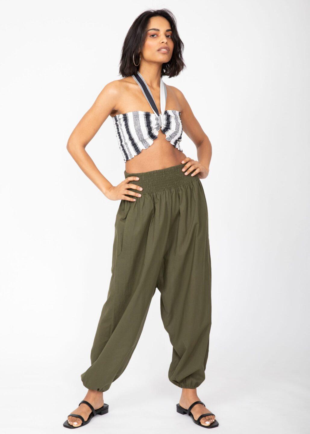 Convertible Cotton 2 - in - 1 Jumpsuit & Harem Pants – Capri Length Khaki Green - likemary