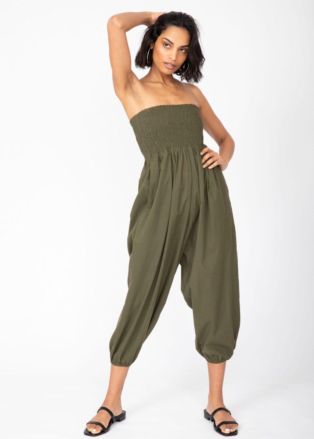 Convertible Cotton 2 - in - 1 Jumpsuit & Harem Pants – Capri Length Khaki Green - likemary