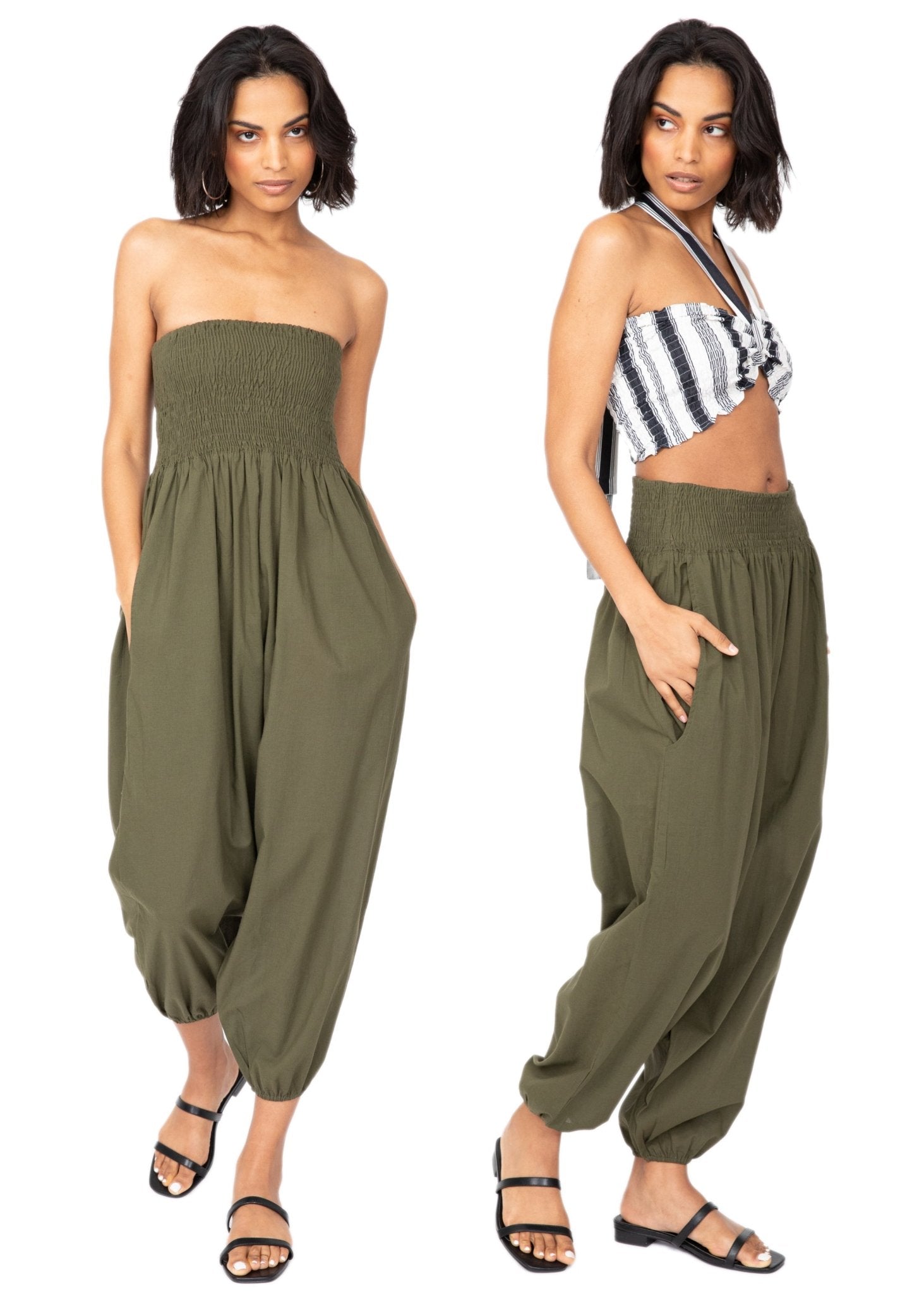 Convertible Cotton 2 - in - 1 Jumpsuit & Harem Pants – Capri Length Khaki Green - likemary