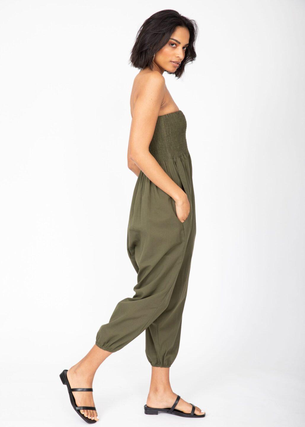 Convertible Cotton 2 - in - 1 Jumpsuit & Harem Pants – Capri Length Khaki Green - likemary