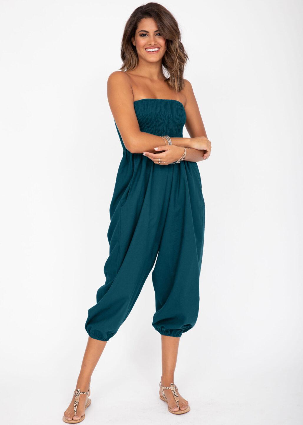 Convertible Cotton 2 - in - 1 Jumpsuit & Harem Pants – Capri Length Teal - likemary