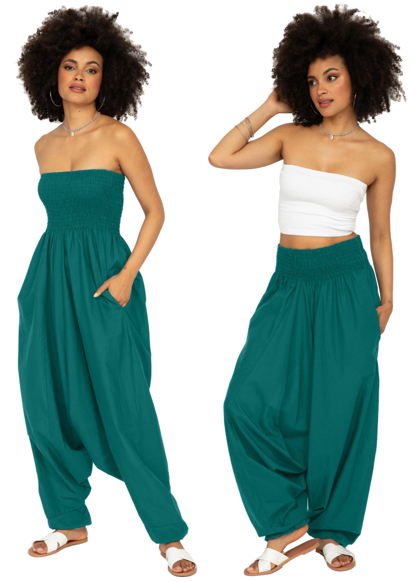 Convertible Cotton 2 - in - 1 Jumpsuit & Harem Pants in Emerald Green - likemary