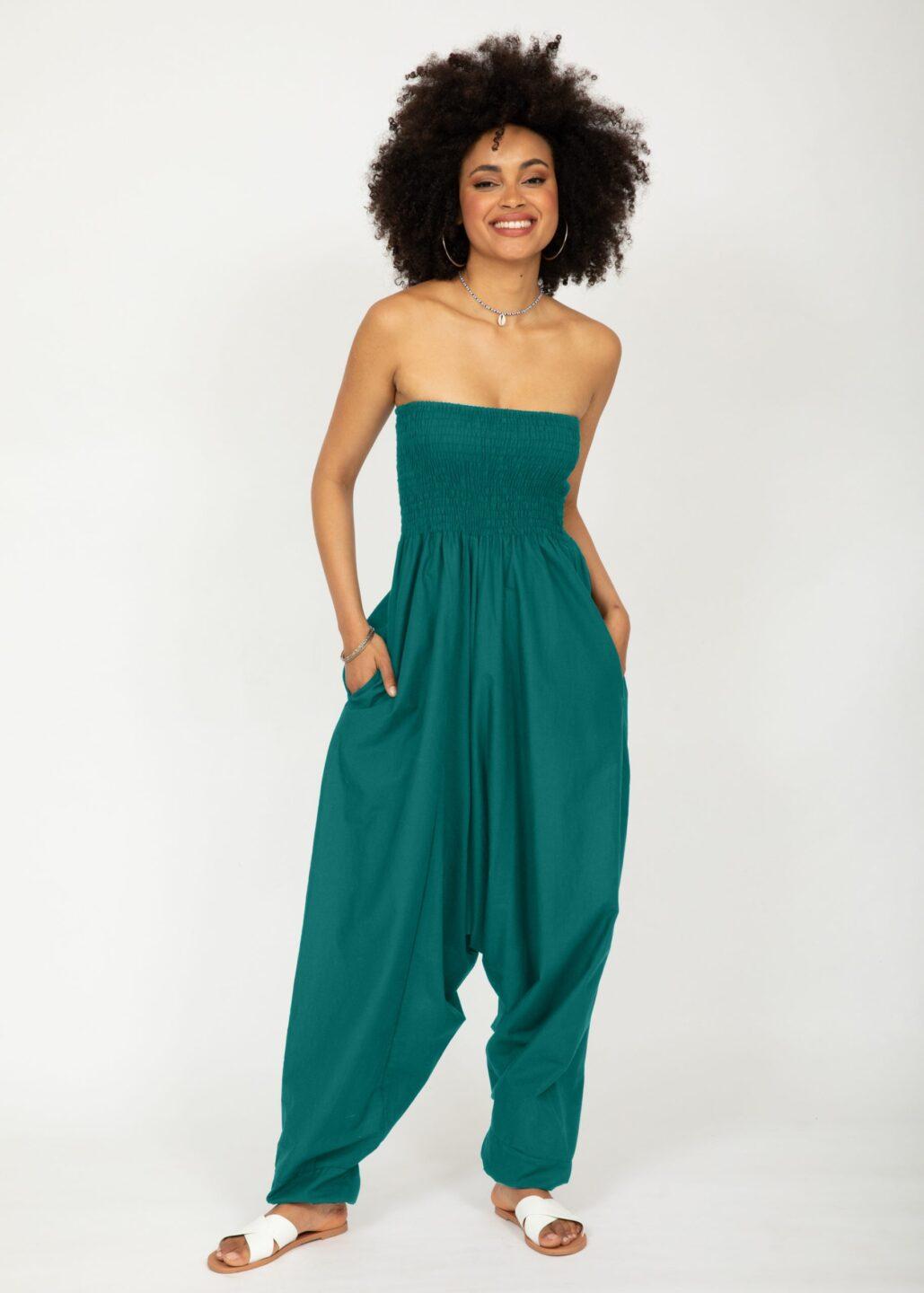 Convertible Cotton 2 - in - 1 Jumpsuit & Harem Pants in Emerald Green - likemary