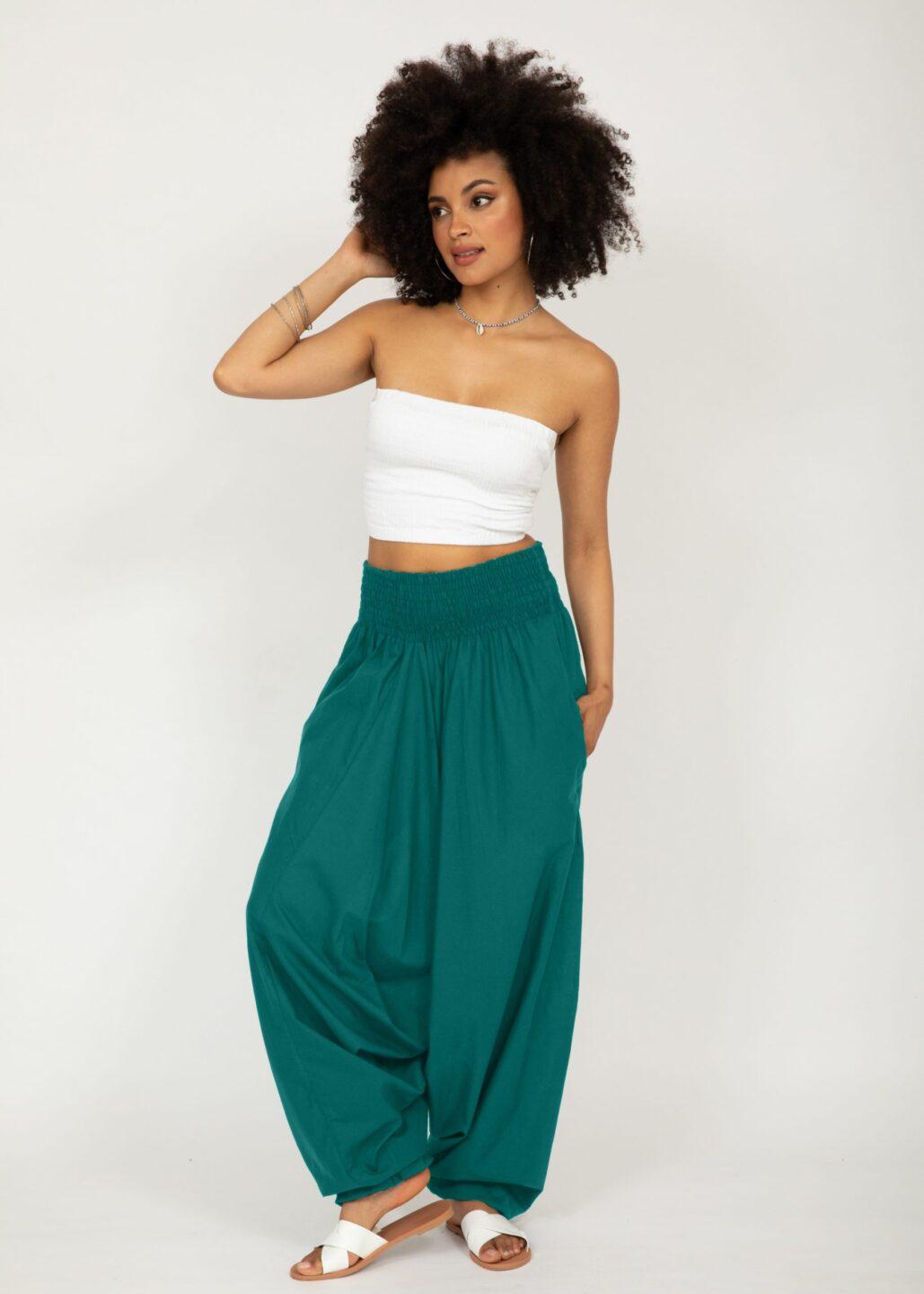 Convertible Cotton 2 - in - 1 Jumpsuit & Harem Pants in Emerald Green - likemary