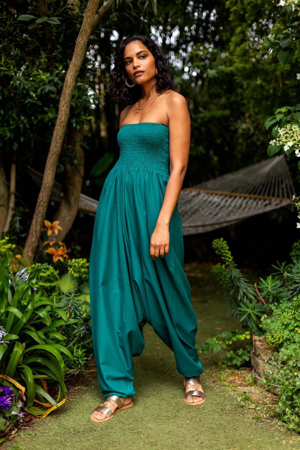 Convertible Cotton 2 - in - 1 Jumpsuit & Harem Pants in Emerald Green - likemary
