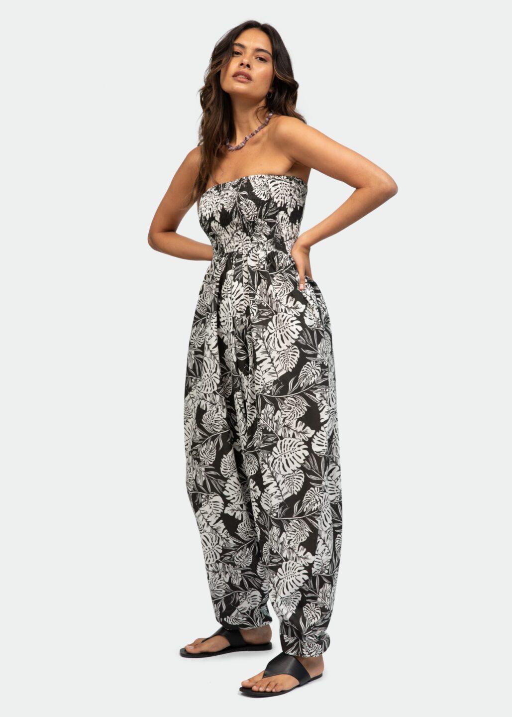 Convertible Cotton 2 - in - 1 Jumpsuit & Harem Pants in Leaves Print - likemary
