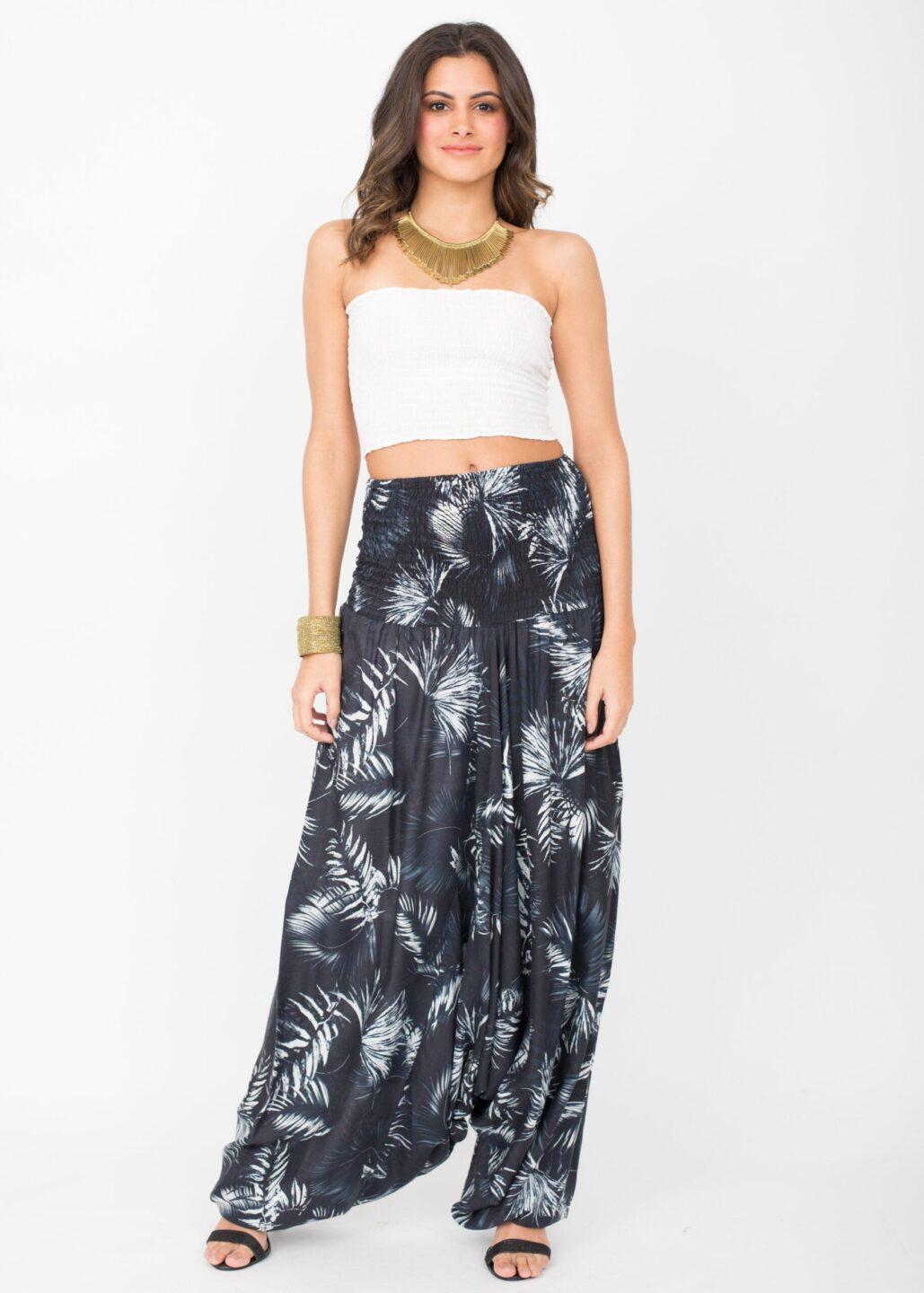 Convertible Cotton 2 - in - 1 Jumpsuit & Harem Pants in Leaves Print - likemary