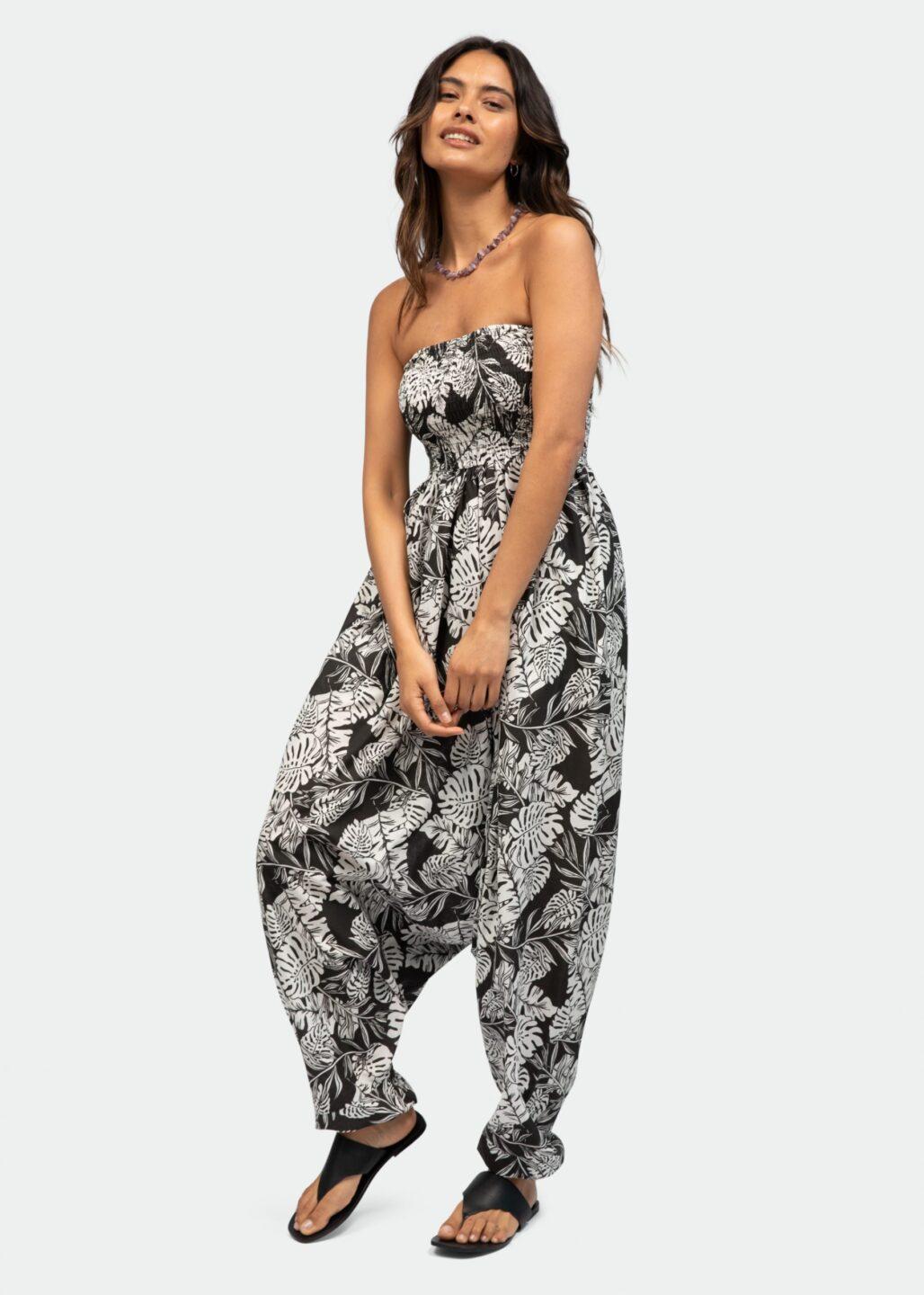 Convertible Cotton 2 - in - 1 Jumpsuit & Harem Pants in Leaves Print - likemary