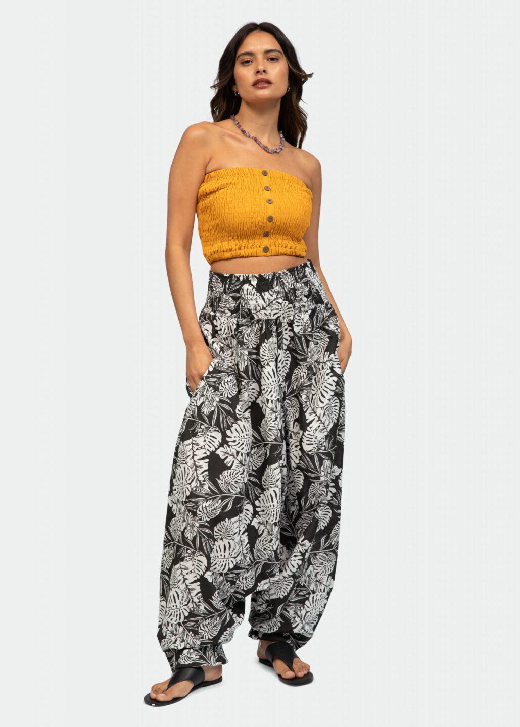 Convertible Cotton 2 - in - 1 Jumpsuit & Harem Pants in Leaves Print - likemary