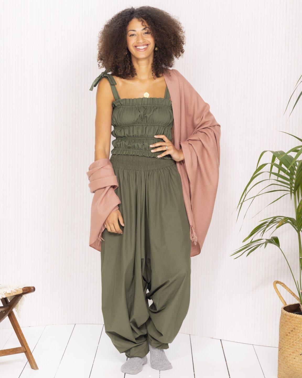 Convertible Cotton 2 - in - 1 Jumpsuit & Harem Pants in Olive Green - likemary