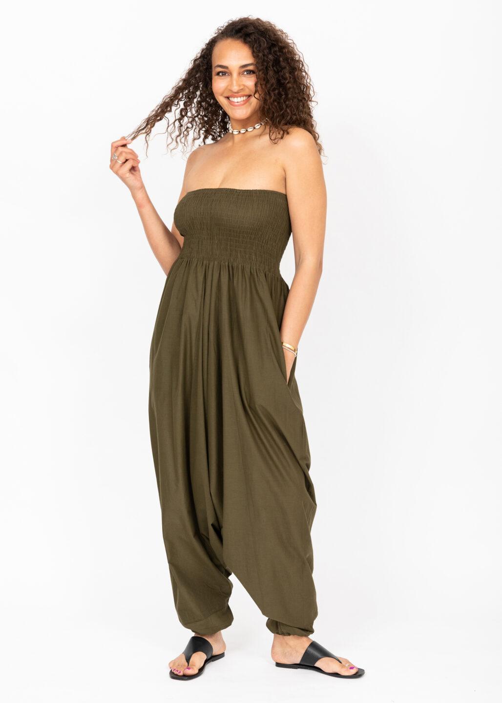 Convertible Cotton 2 - in - 1 Jumpsuit & Harem Pants in Olive Green - likemary