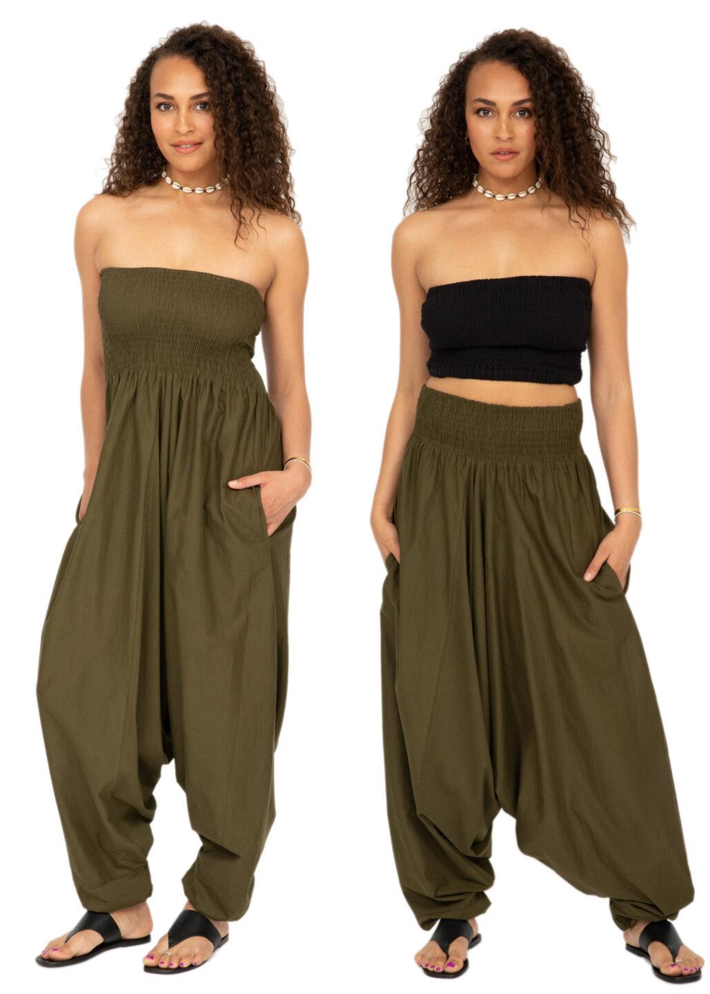 Convertible Cotton 2 - in - 1 Jumpsuit & Harem Pants in Olive Green - likemary