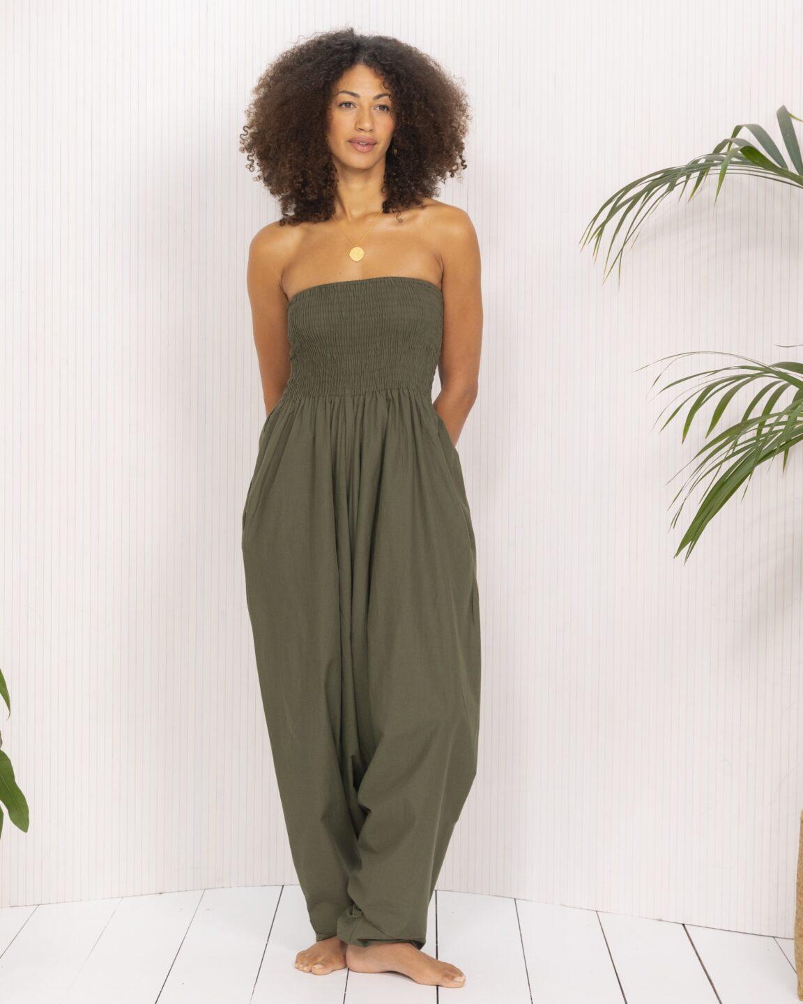Convertible Cotton 2 - in - 1 Jumpsuit & Harem Pants in Olive Green - likemary