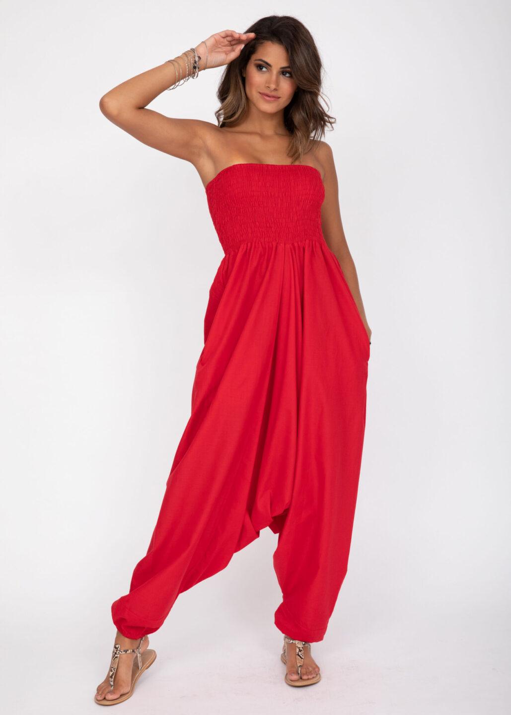 Convertible Cotton 2 - in - 1 Jumpsuit & Harem Pants in Red - likemary