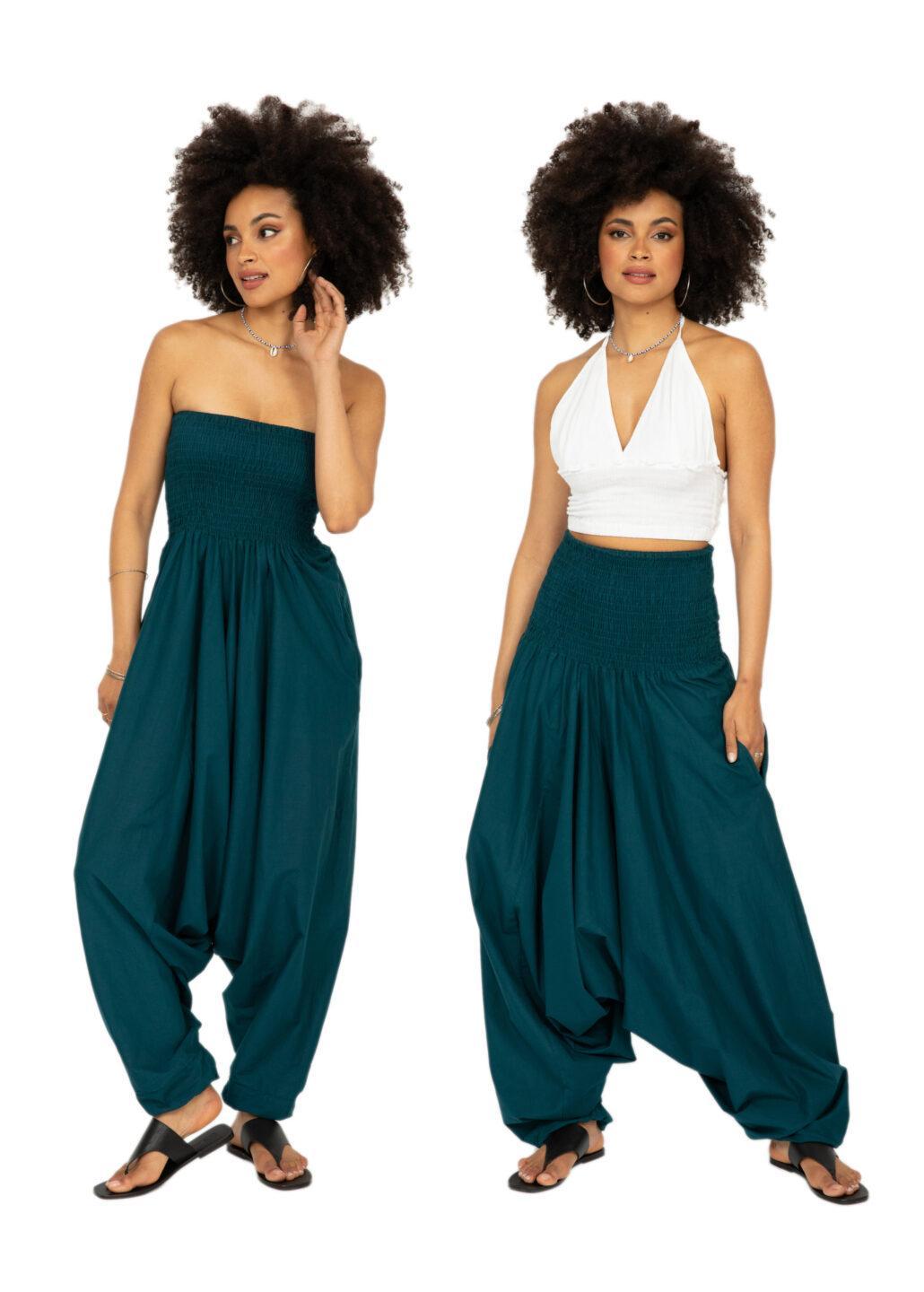 Convertible Cotton 2 - in - 1 Jumpsuit & Harem Pants in Teal - likemary