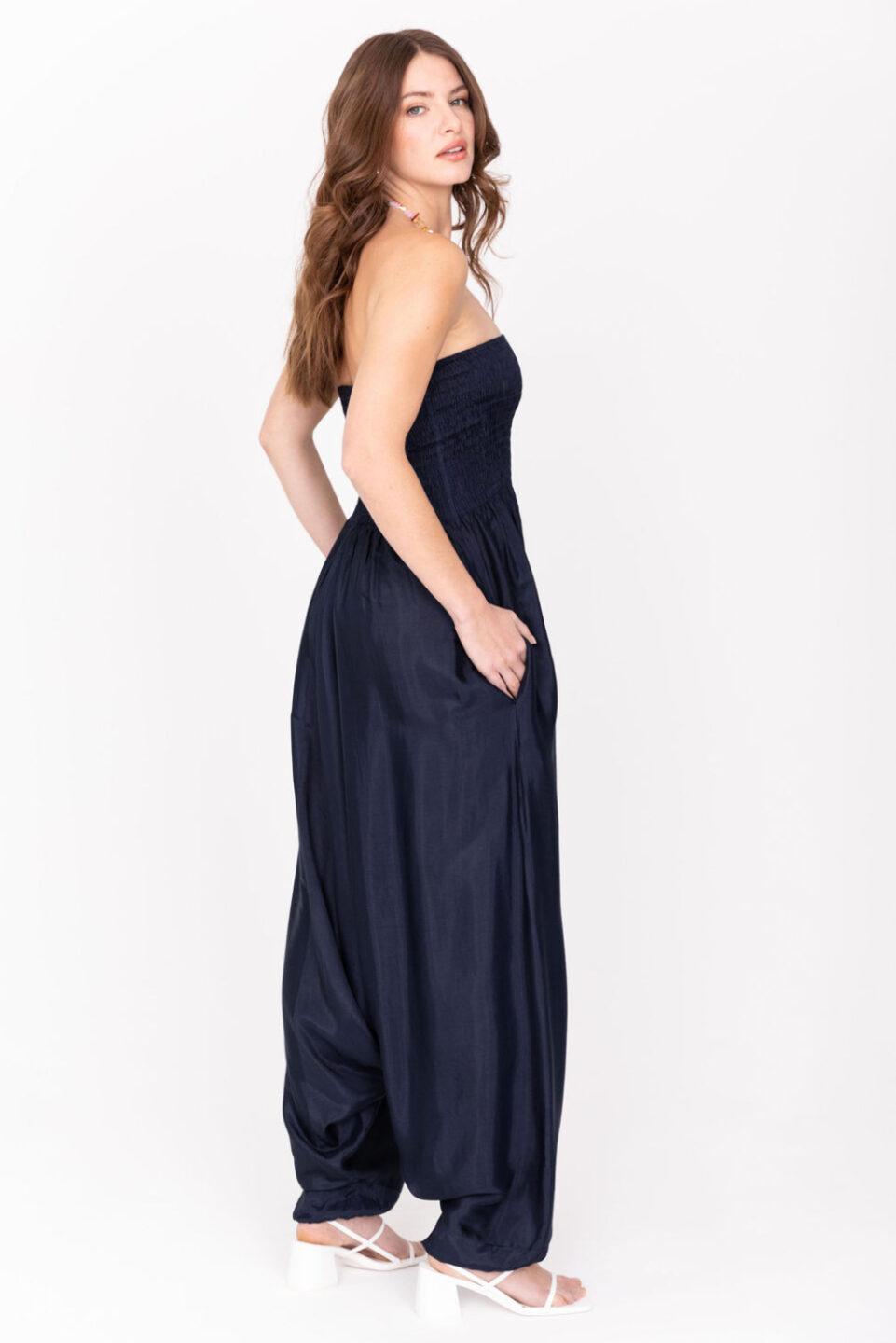 Convertible Harem Jumpsuit in Midnight Blue Silk Look - likemary