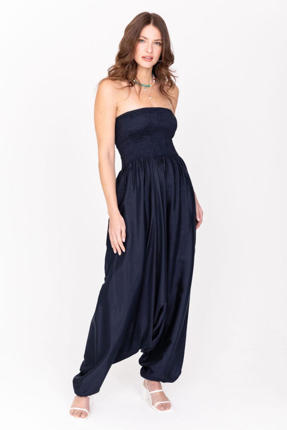 Convertible Harem Jumpsuit in Midnight Blue Silk Look - likemary