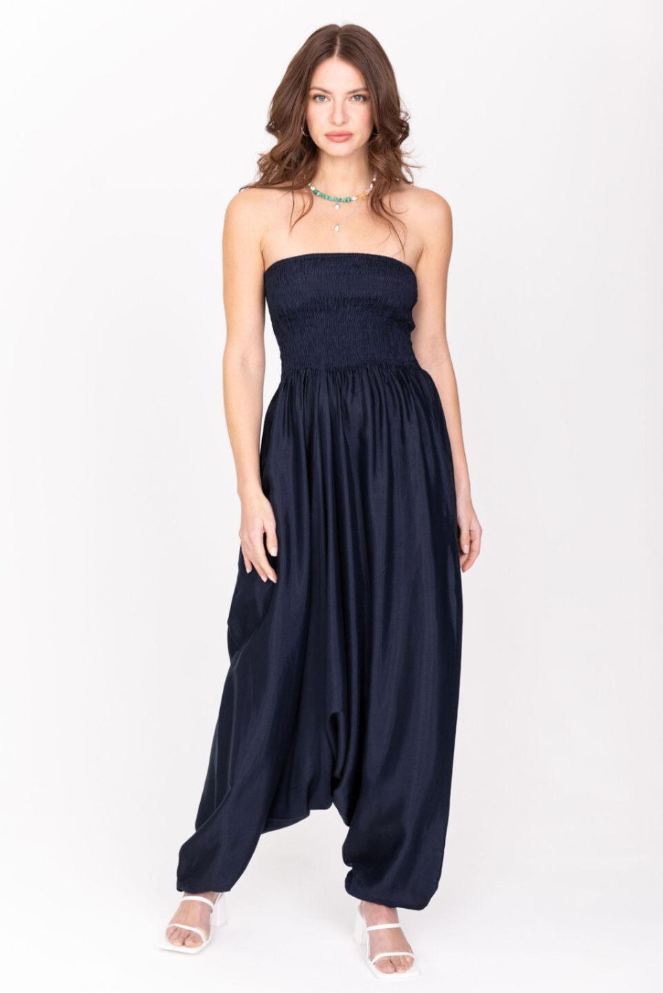Convertible Harem Jumpsuit in Midnight Blue Silk Look - likemary