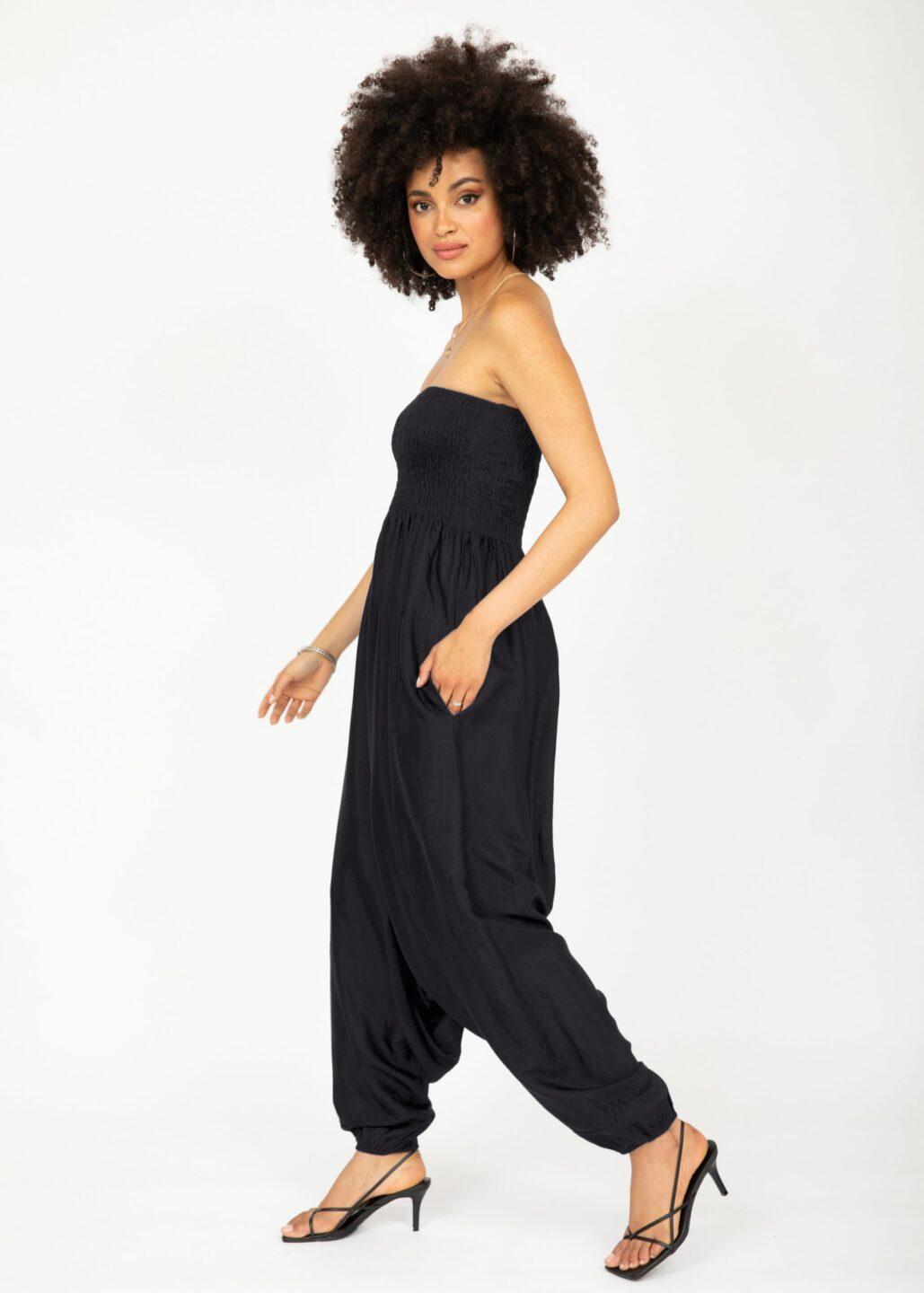 Convertible Jumpsuit into Harem Pants in Black Silk Look - likemary