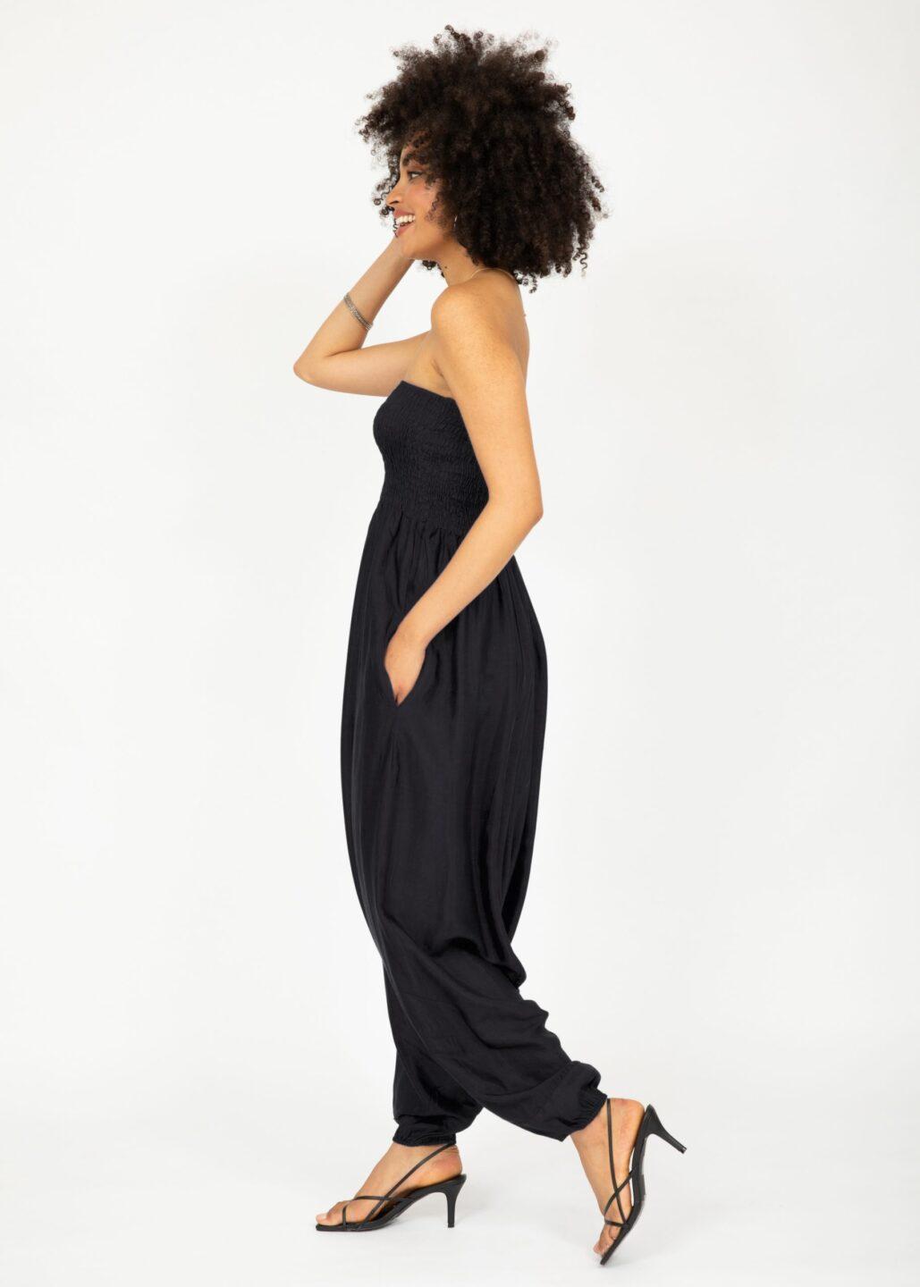 Convertible Jumpsuit into Harem Pants in Black Silk Look - likemary