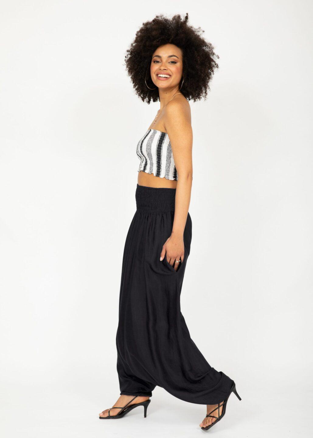 Convertible Jumpsuit into Harem Pants in Black Silk Look - likemary