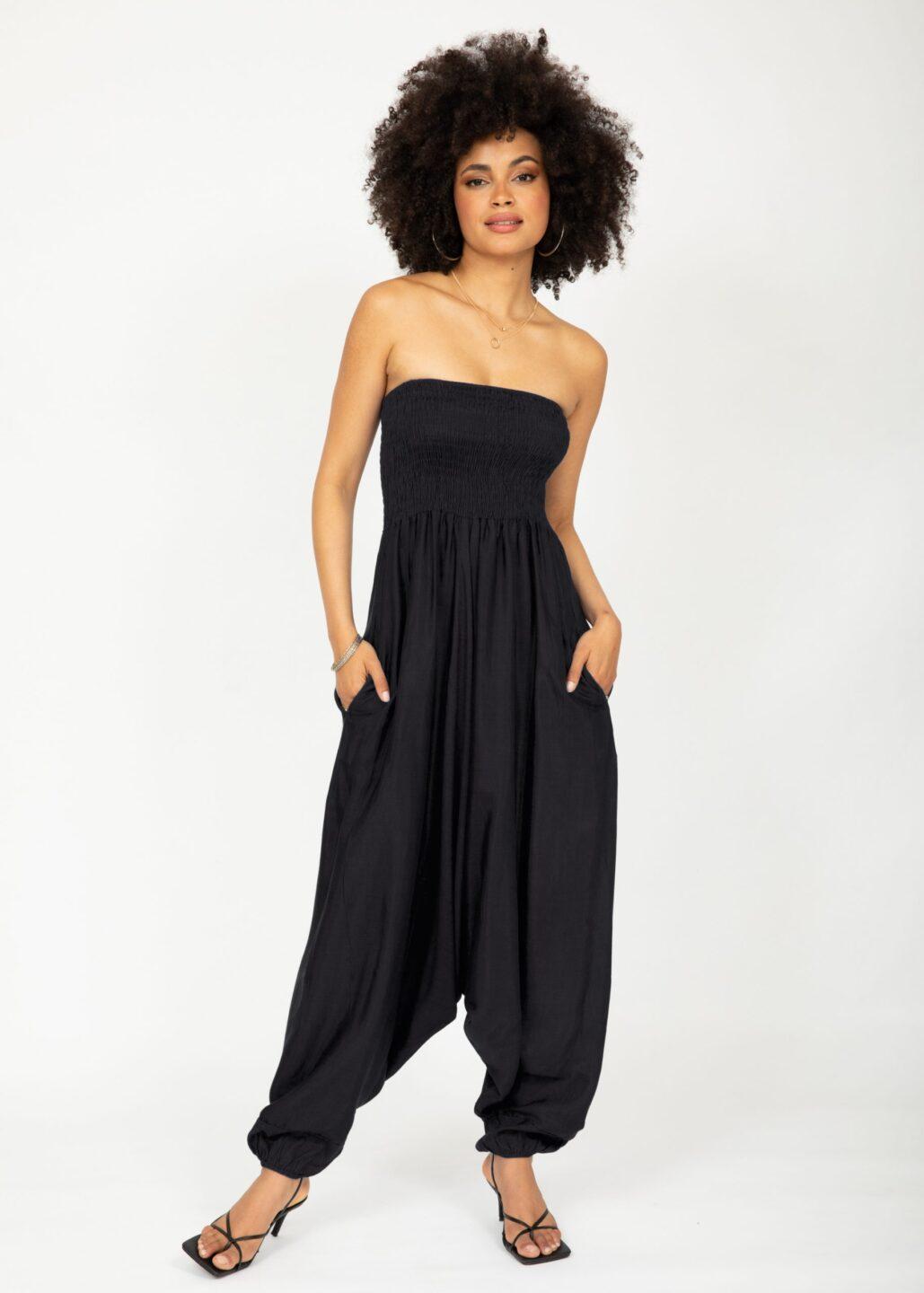 Convertible Jumpsuit into Harem Pants in Black Silk Look - likemary