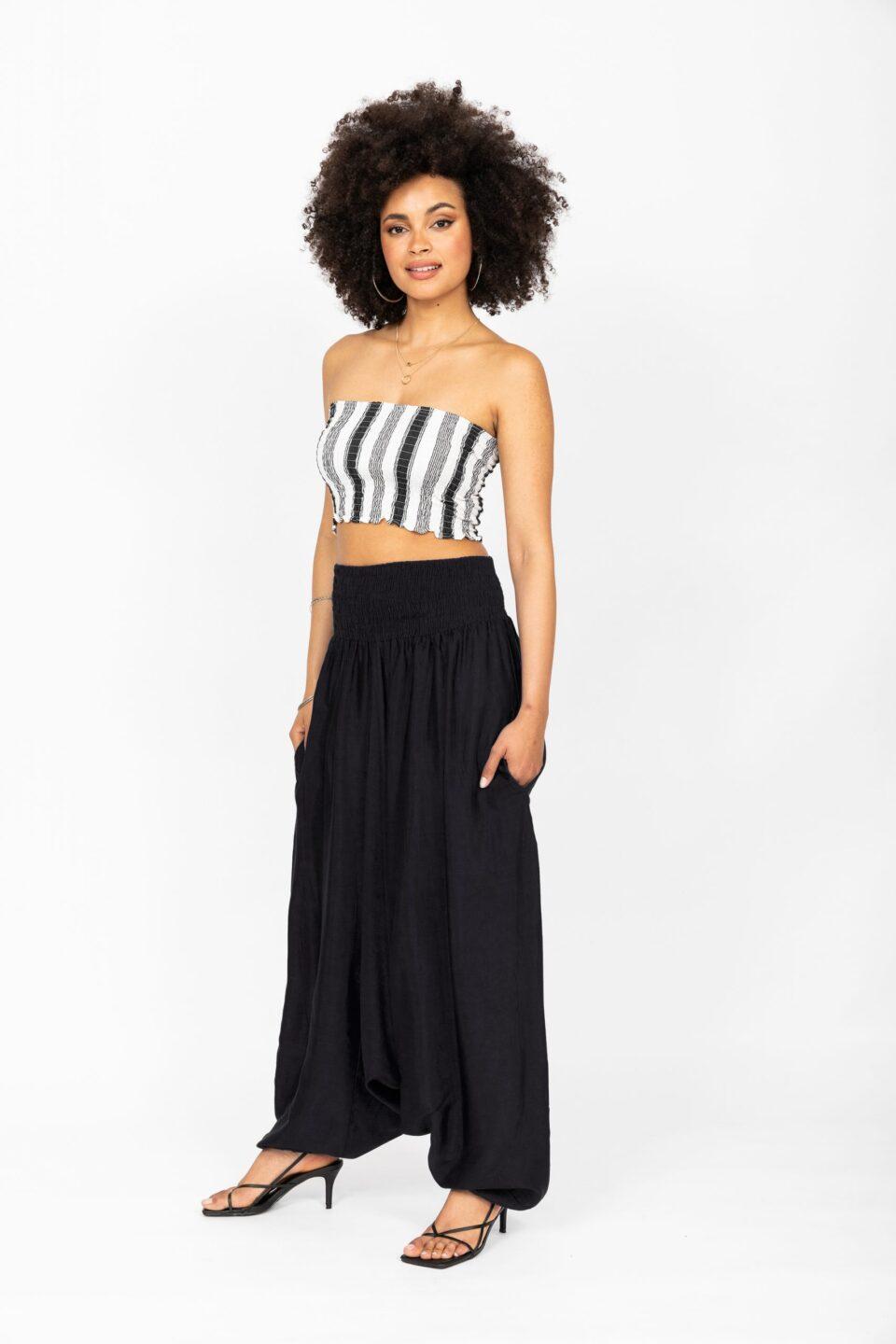 Convertible Jumpsuit into Harem Pants in Black Silk Look - likemary