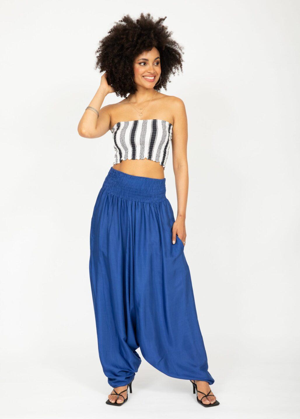 Convertible Jumpsuit into Harem Pants in Cobalt Blue Silk Look - likemary