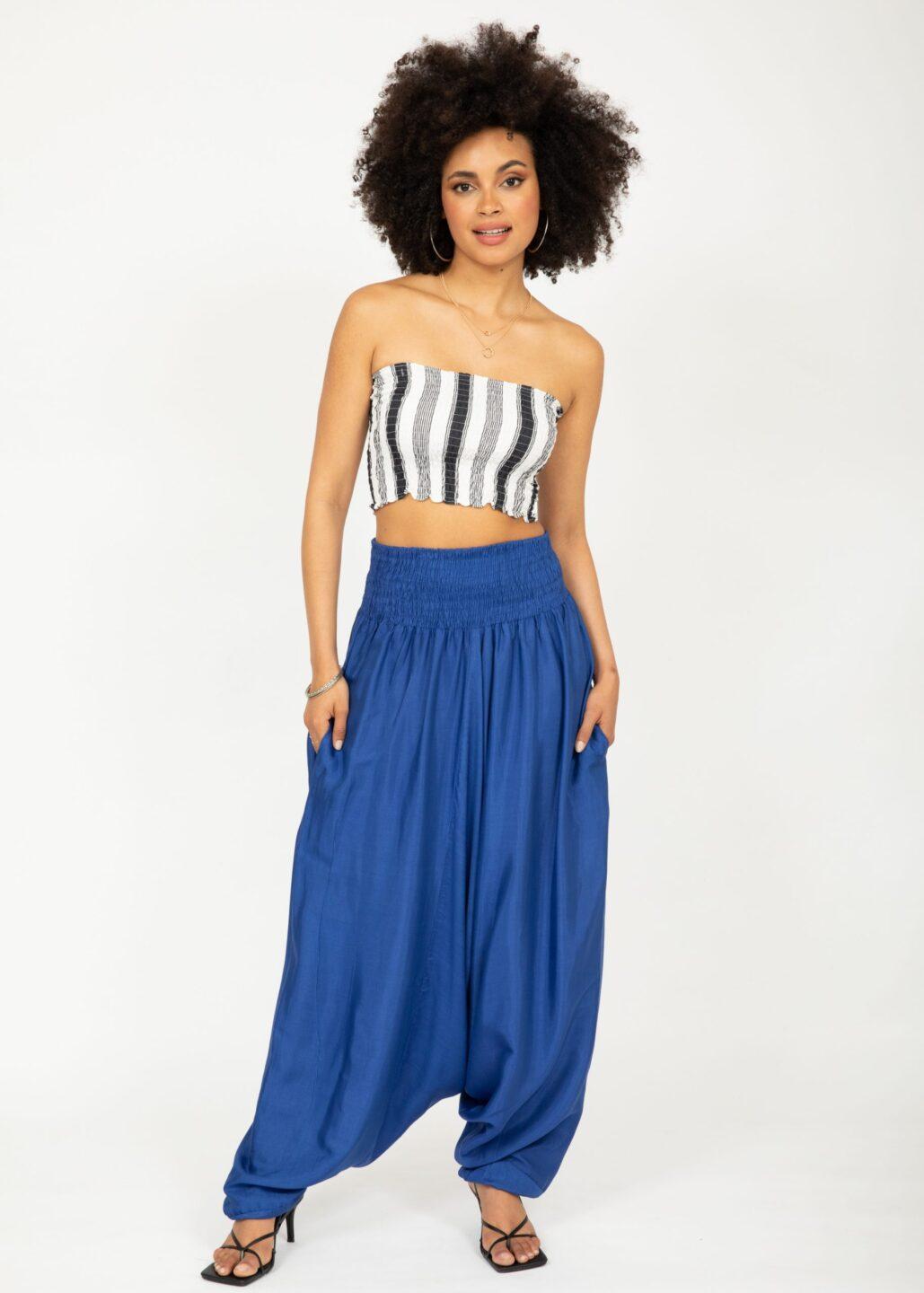 Convertible Jumpsuit into Harem Pants in Cobalt Blue Silk Look - likemary
