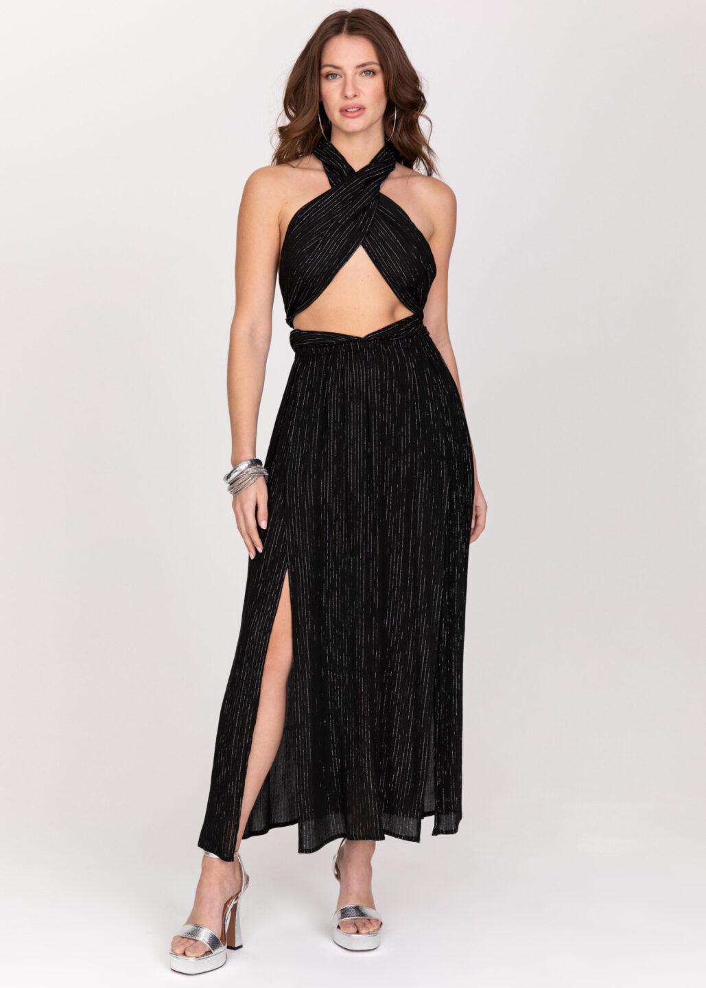 Convertible Maxi Dress with Side Slits & Lurex Stripes in Black - likemary