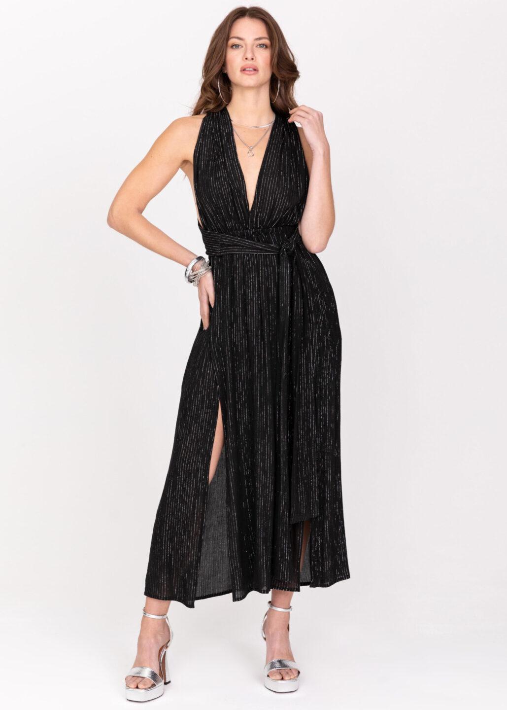 Convertible Maxi Dress with Side Slits & Lurex Stripes in Black - likemary