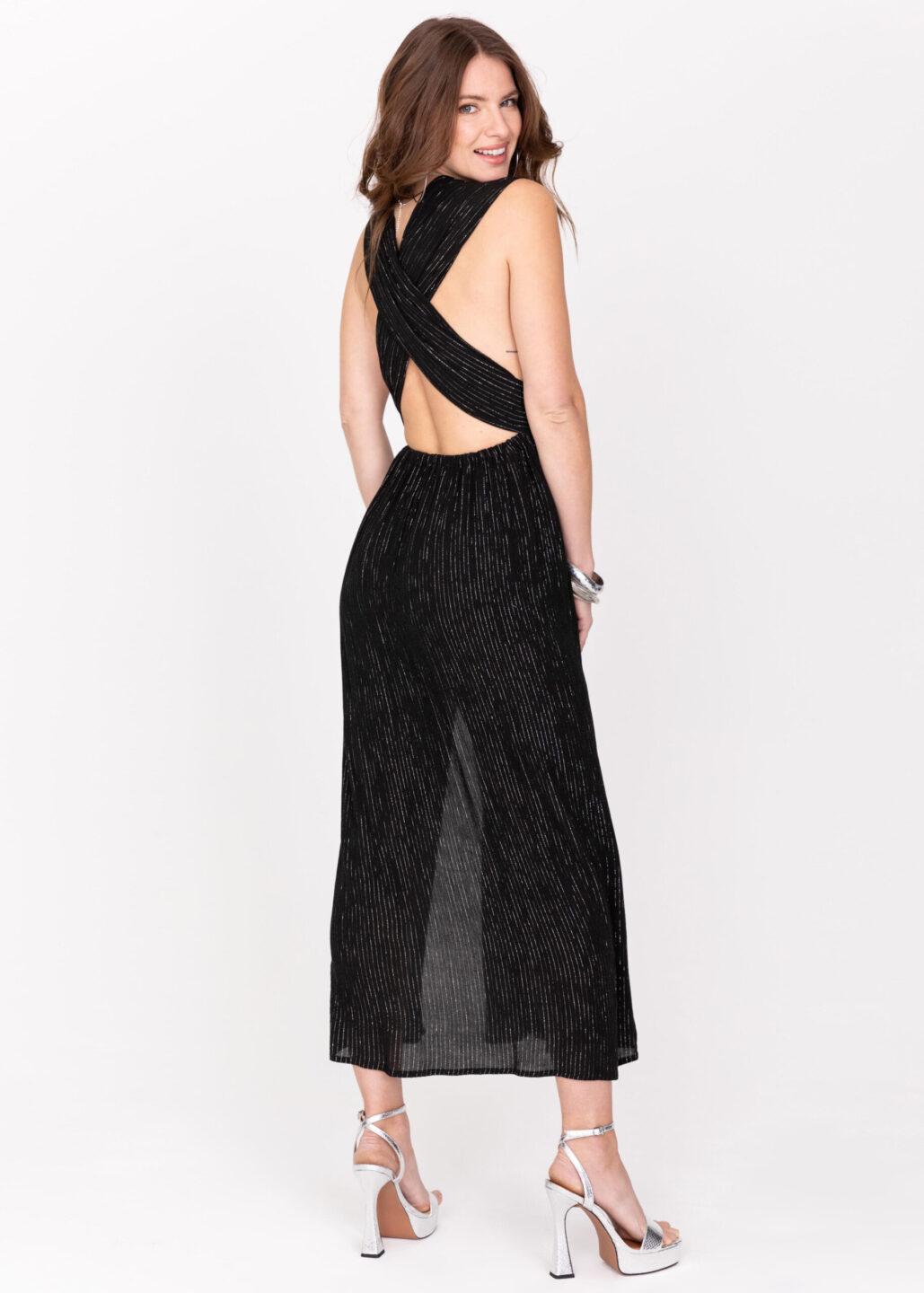Convertible Maxi Dress with Side Slits & Lurex Stripes in Black - likemary