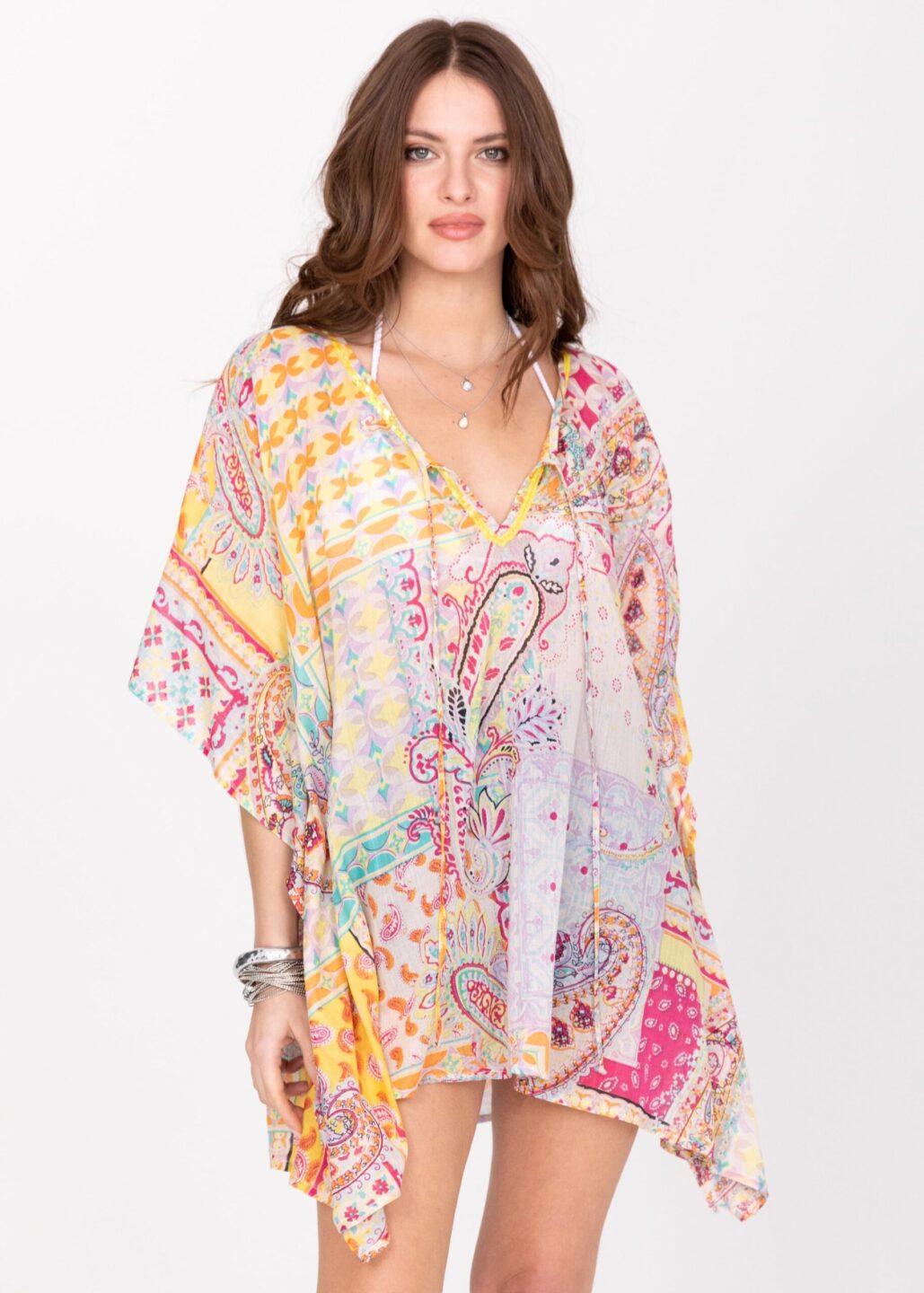 Cotton Beach Kaftan Cover Up in Multi Paisely Print with Sequins - likemary