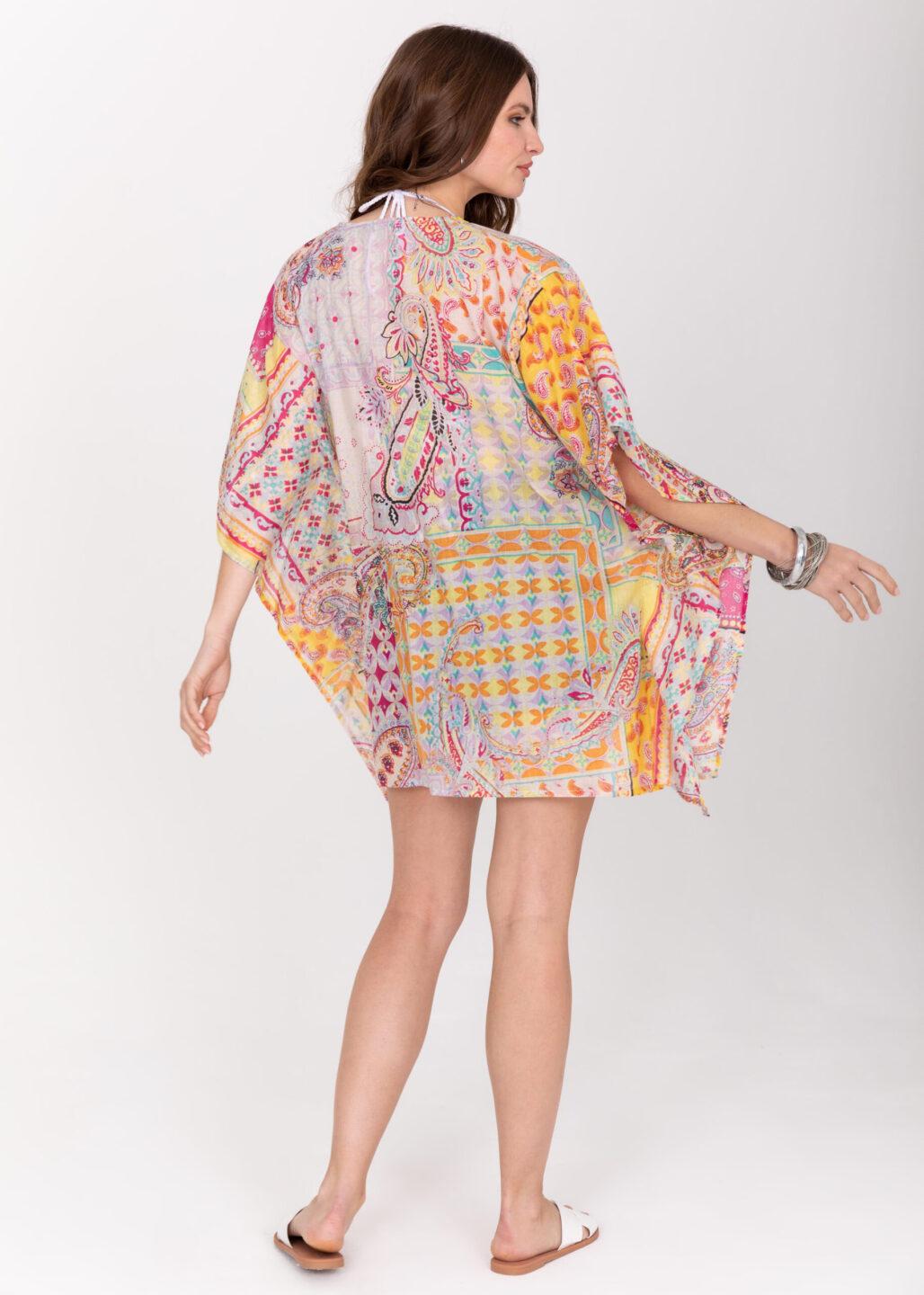 Cotton Beach Kaftan Cover Up in Multi Paisely Print with Sequins - likemary