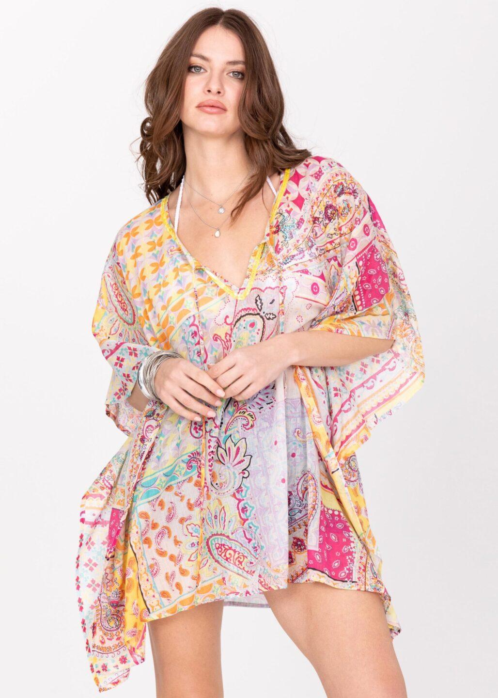 Cotton Beach Kaftan Cover Up in Multi Paisely Print with Sequins - likemary