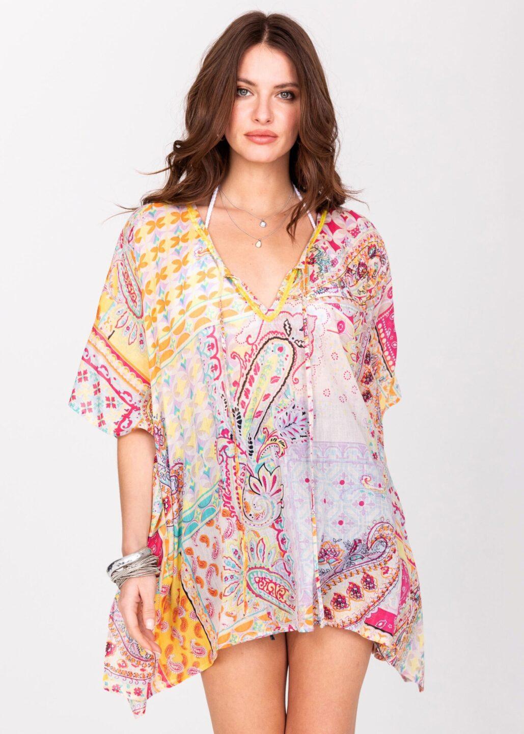Cotton Beach Kaftan Cover Up in Multi Paisely Print with Sequins - likemary