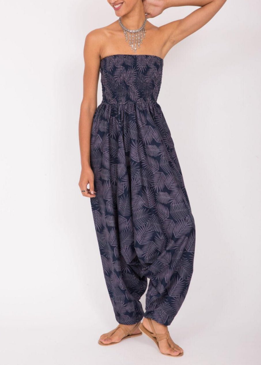 Cotton Printed 2 in 1 Convertible Jumpsuit & Harem Pants in Blue Leaves - likemary