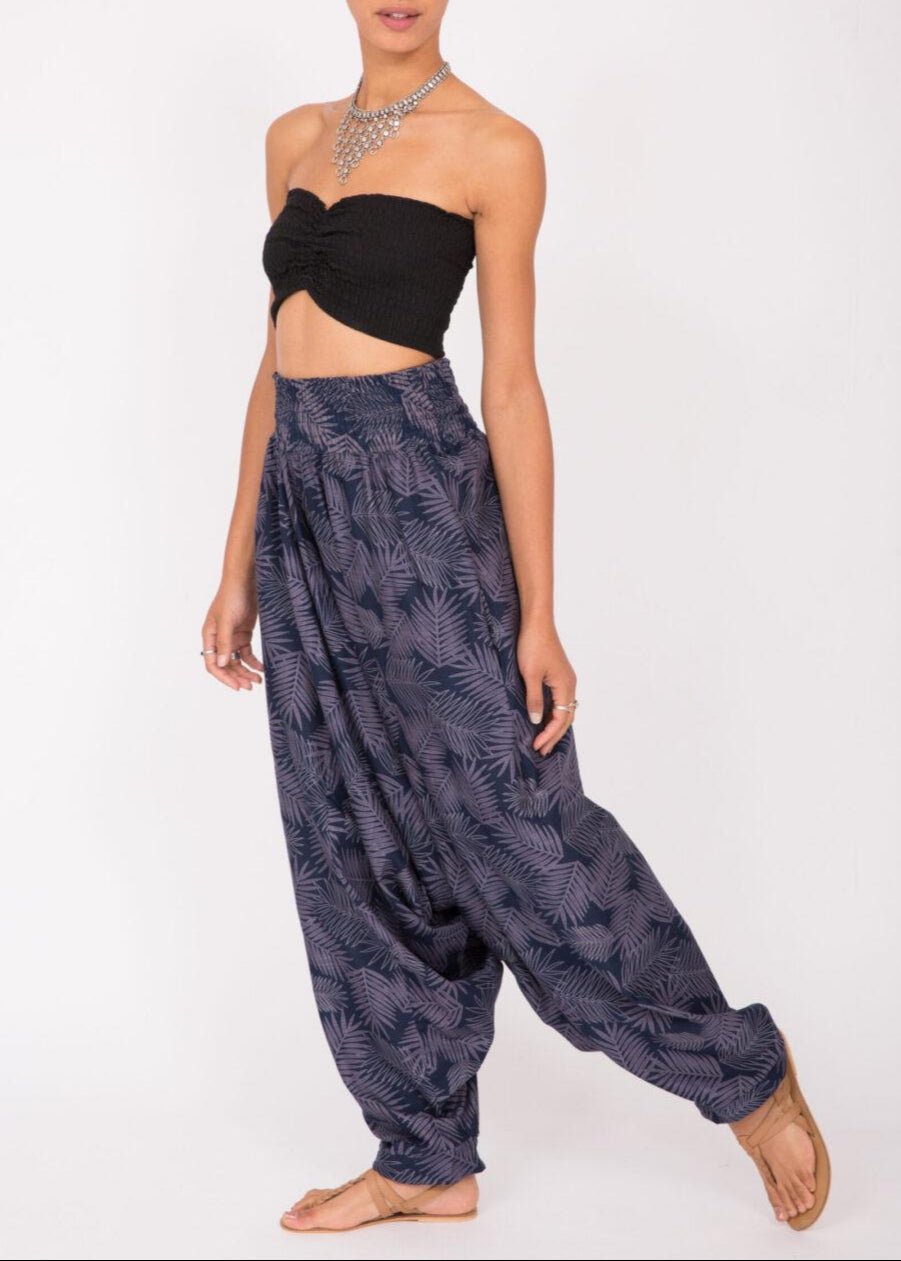Cotton Printed 2 in 1 Convertible Jumpsuit & Harem Pants in Blue Leaves - likemary