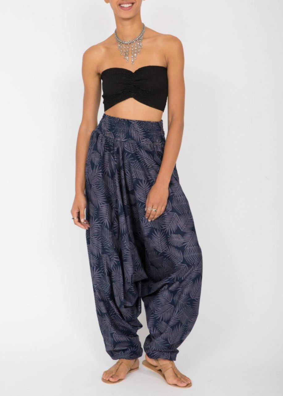 Cotton Printed 2 in 1 Convertible Jumpsuit & Harem Pants in Blue Leaves - likemary