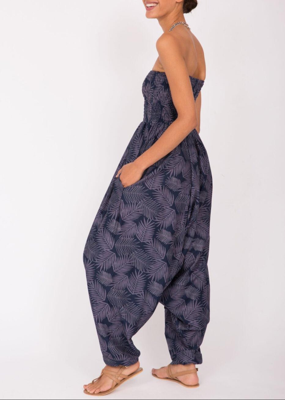 Cotton Printed 2 in 1 Convertible Jumpsuit & Harem Pants in Blue Leaves - likemary