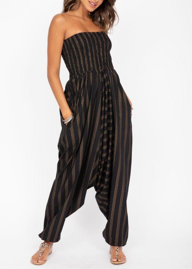 Cotton Printed 2 in 1 Jumpsuit and Harem Pants in Black and Gold Stripes - likemary