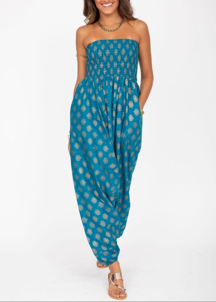 Cotton Printed 2 in 1 Maxi Harem Trouser & Bandeau Jumpsuit Turquoise Gold Print - likemary
