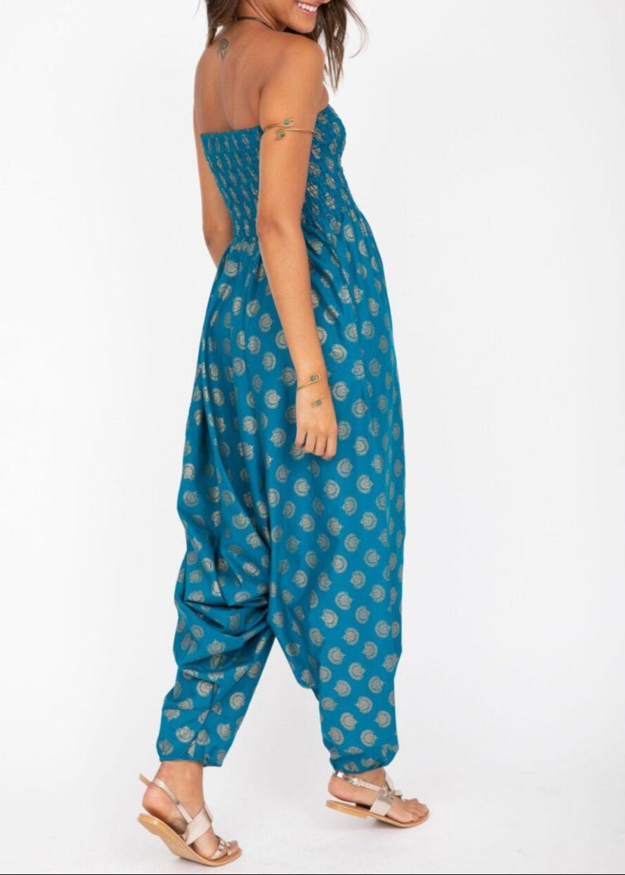 Cotton Printed 2 in 1 Maxi Harem Trouser & Bandeau Jumpsuit Turquoise Gold Print - likemary