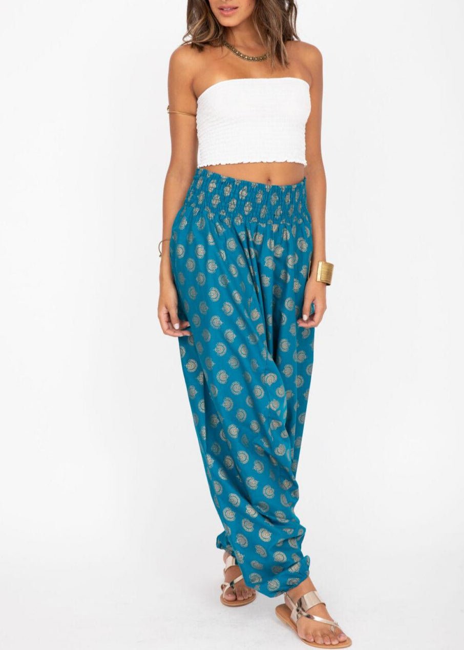 Cotton Printed 2 in 1 Maxi Harem Trouser & Bandeau Jumpsuit Turquoise Gold Print - likemary