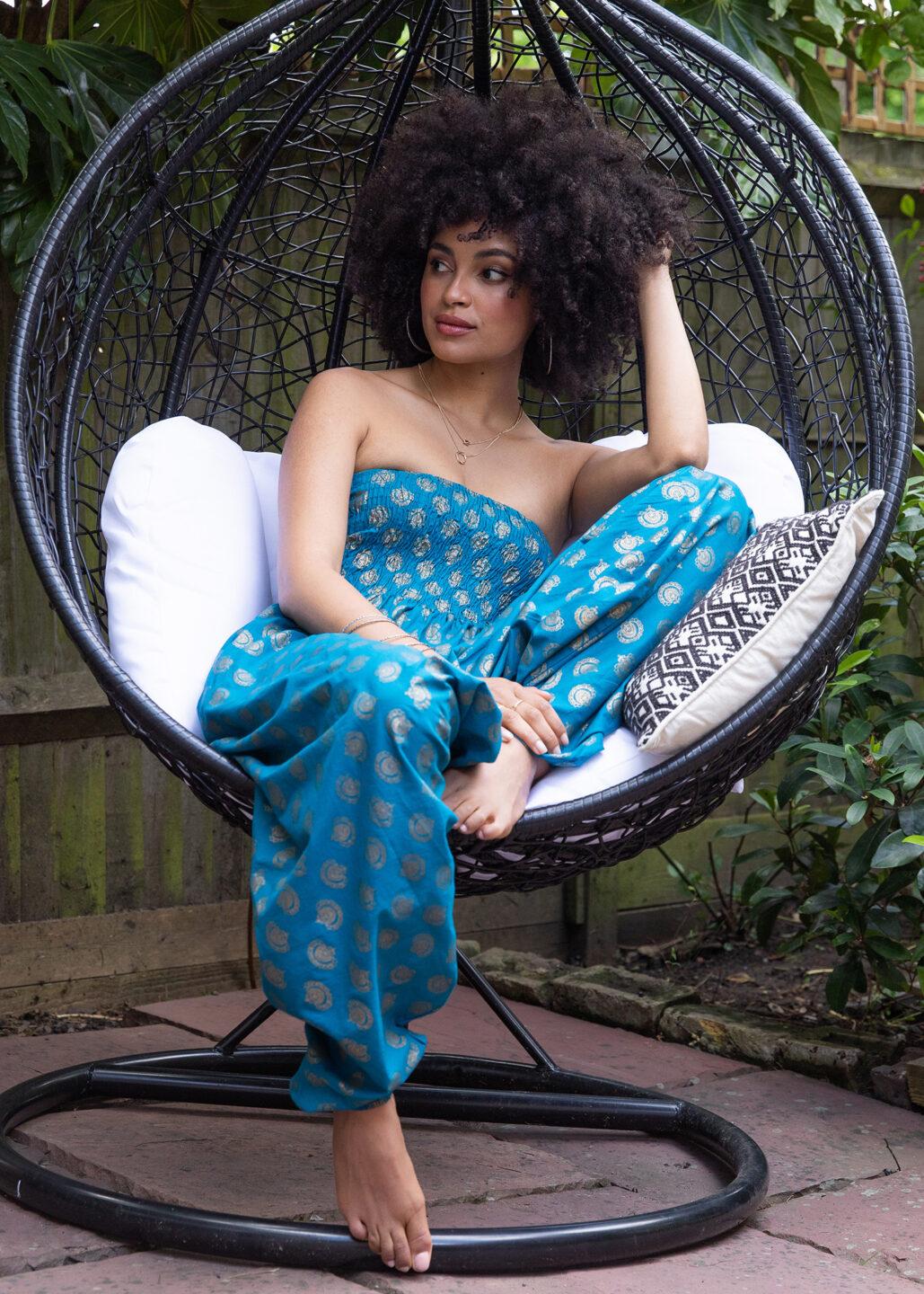 Cotton Printed 2 in 1 Maxi Harem Trouser & Bandeau Jumpsuit Turquoise Gold Print - likemary