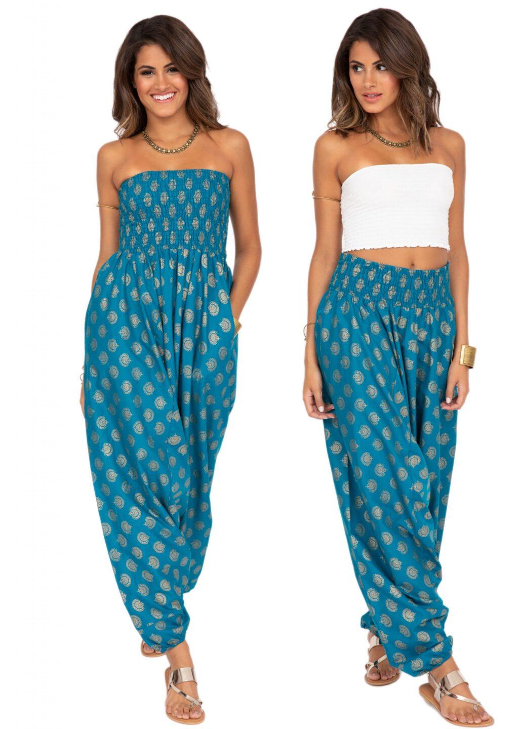 Cotton Printed 2 in 1 Maxi Harem Trouser & Bandeau Jumpsuit Turquoise Gold Print - likemary