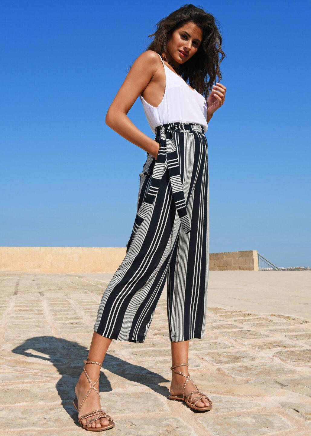 Culotte Crop Summer Trousers Crinkle Stripes - likemary
