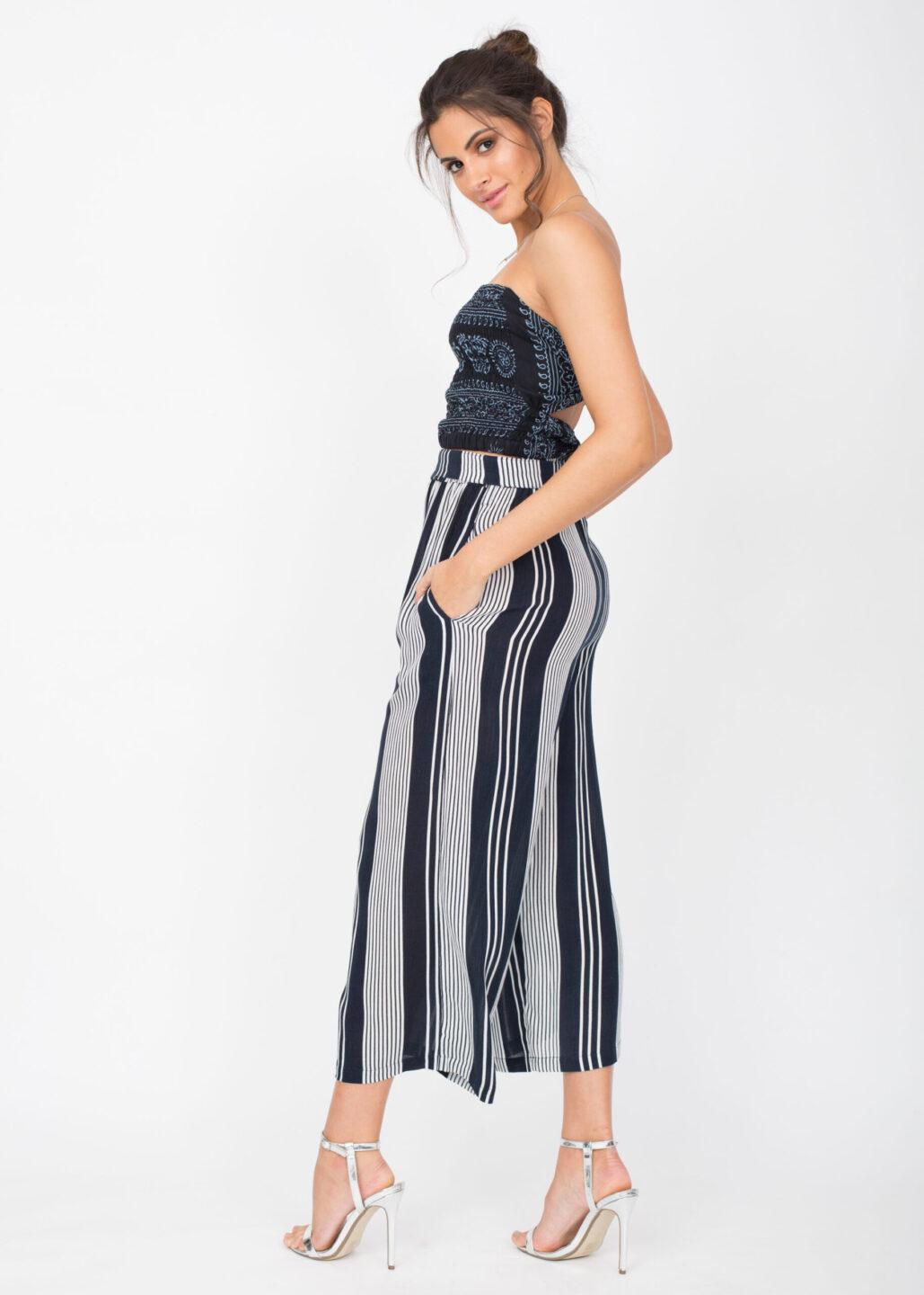 Culotte Crop Summer Trousers Crinkle Stripes - likemary