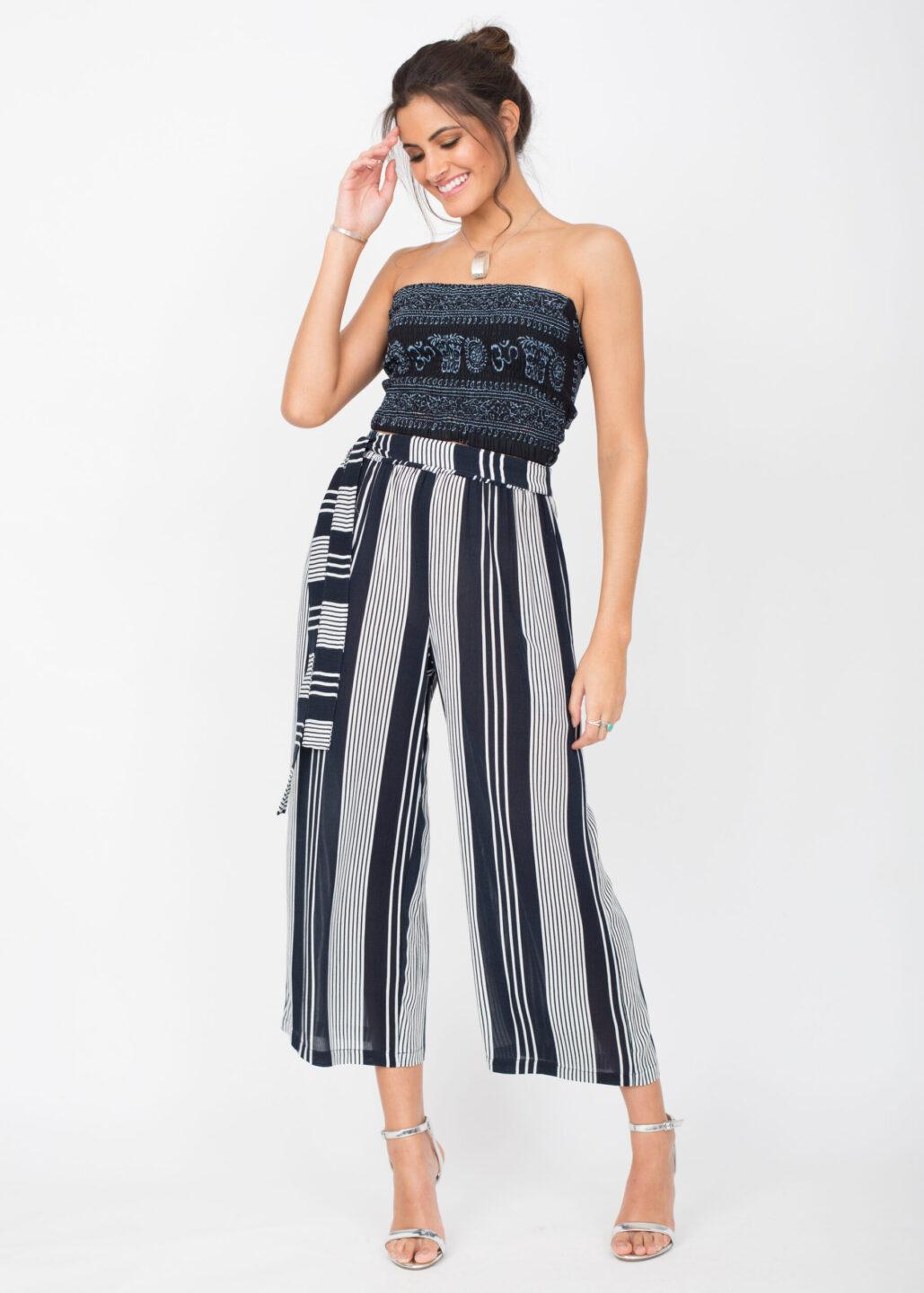 Culotte Crop Summer Trousers Crinkle Stripes - likemary